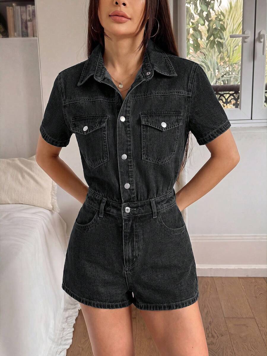 Rivivi 女款鈕扣口袋休閒街頭風日常牛仔連身短褲,黑色夏季日間穿著 - 黑色 - 查看 1