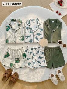 SHEIN Dozemod Kids Baby Boy Cute Cartoon Dinosaur Silhouette Pattern Minimalist Solid Color Collar Button-Up Short Sleeve Shorts Shorts Loose Comfortable Pajama Set 4pcs - MultiWarna - View 2