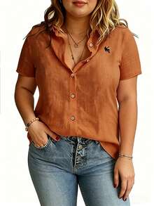 Linhara CURVE Large-Sized Woven Embroidered Casual Summer Shirt For Vacation - Orange - View 5