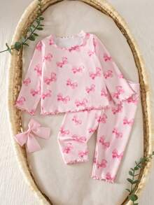 Conjunto de pijama para recién nacido con patrón de dibujos animados lindo, cuello redondo con volantes, manga corta, tejido de punto y ajuste cómodo - Rosa Pálido - Ver 7