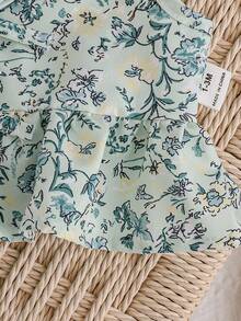 Newborn Baby Girl Vacation Casual Cute Floral Pattern Bow Tank Top & Shorts Set - Mint Green - View 3