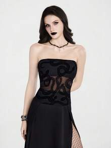 Breakform Gothic Halloween  Sexy Retro, Flocked Mesh Strapless Top Featuring A Gothic Snake Pattern-Perfect For The Cool Girl - Black - View 5