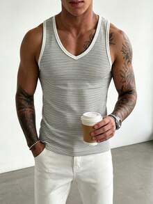 Manfinity Dauomo Men's Striped V-Neck Casual Versatile Tank Top - White - View 5
