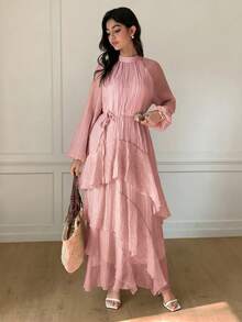 Solavon New Ruched Multi-Layer Flounce Cinched Waist Flowy Beach Dress, Flattering And Suitable For Vacation And Beach Unlined Sleeves - Pink - View 6