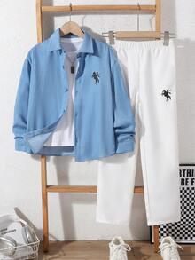 SHEIN 兒童青少年男孩騎士圖案印花單排扣襯衫與口袋長褲套裝 - 藍色 - 查看 4