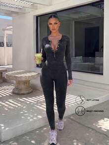 Sirith Seamless High Stretch Ribbed Sand Wash Sports Jumpsuit - Black - View 1