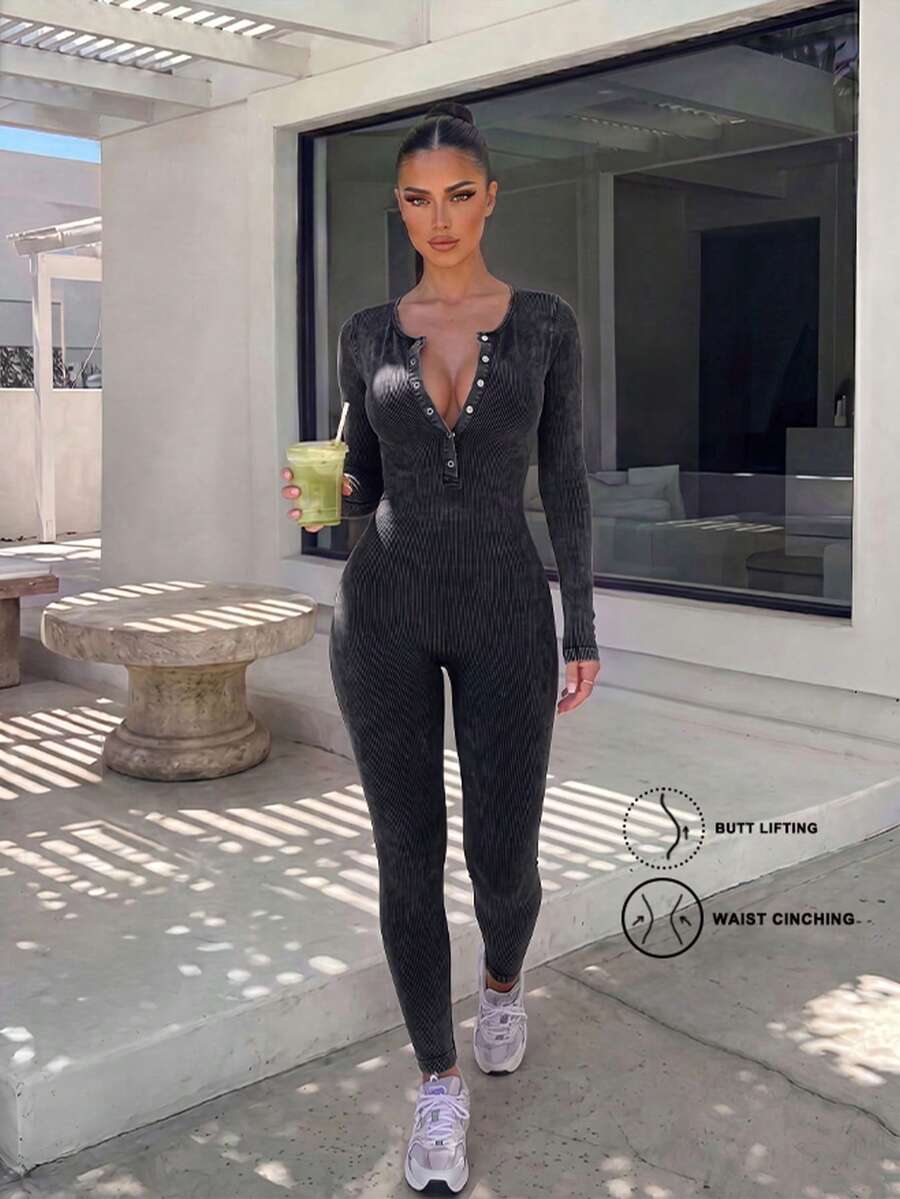 Sirith Seamless High Stretch Ribbed Sand Wash Sports Jumpsuit - Black - View 1