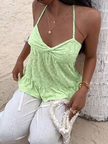 Sunnyshic Summer Casual Solid Color Jacquard Backless Halter Top - Green - View 3