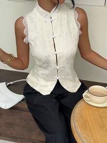 Serisse Women's Elegant 70s French Blouse With Frog Button Design And Contrast Lace, Beige Stand Collar Chinese Style Sleeveless Shirt, High Tea Party Summer - Beige - View 4
