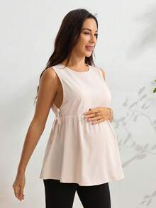 SHEIN Women's Solid Color Tie-Neck Round Neck Casual Simple Normal Tank Top, Double Zipper Waist Maternity Nursing Top, Shirt Maternity Photoshoot Summer - Khaki - View 3