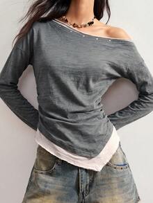 Bohemela 休閒針織拼接不對稱領口水洗女款T恤 - 深灰色 - 查看 6