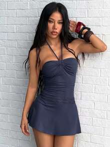 Jeanoix 女款素色百褶修身時尚性感掛脖洋裝 - 藏蓝色 - 查看 5