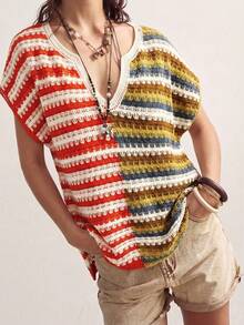 Bohemela Top de punto con bloques de color, rayas y patchwork para mujer - Amarillo - Ver 5