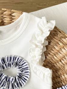 SHEIN Playful Pals 女童針織提花乳白色荷葉邊背心與粉色荷葉邊短褲套裝，可愛甜美嬰兒夏季穿搭 - 寶藍色 - 查看 7