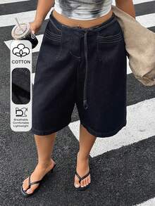 Dazy Plus 女款復古寬鬆街頭休閒對比縫線口袋寬腿百慕大牛仔短褲 春夏 正式外出穿搭 黑色 - 深色水洗藍 - 查看 4