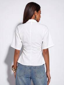 Normani Women's All White Fitted Shirt Short-Sleeved Top Stylish Versatile Summer Piece Back-To-School Everyday Commuter Modest Elegant Office Teachers' Day - White - View 2