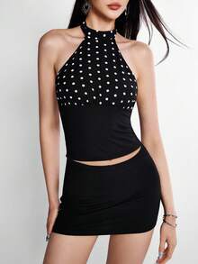 Rina Fox Women's Summer Fashion Sexy Polka Dot Print Patchwork Backless Halter Top & Mini Skirt 2-Piece Set - Multicolor - View 6