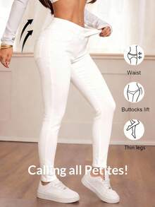 SHEIN Tall Women's Asymmetric Waistband Pocket Fitted Casual Denim Jeans Plain White Pants Summer Slim-Fit Clothes Back To School Tall Travel Capris Holiday - White - View 3