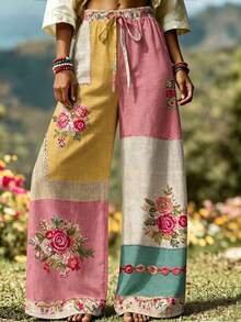 Selamara Plus Size Women's Lace-Up Waist Floral Print Casual Versatile Everyday Pants Fall - Multicolor - View 4