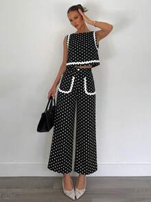 Siren Gaze Women's 2 Pieces Set, Contrast Trim Top And Solid Color Casual Elegant Loose Pants, Daily Casual Office Work Commute Outfit, Black And White Polka Dot - Black - View 3