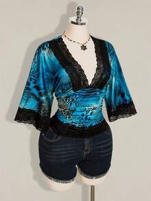 SHEIN ICON 大尺碼 Y2K 復古性感豹紋 V 領蕾絲拼接喇叭袖上衣 - 藍色 - 查看 6