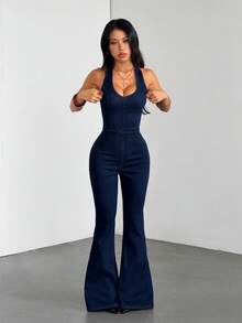 SHEIN Tall جمبسوت جينز صيفي مثير بظهر مكشوف وياقة هالتر - أزرق داكن - مشاهدة 7