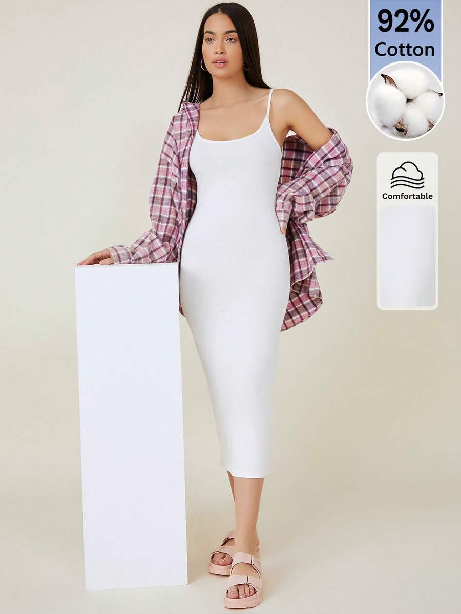 SHEIN BASICS 女款純色休閒極簡日常夏季長版細肩帶洋裝 白色 居家休閒城市度假風