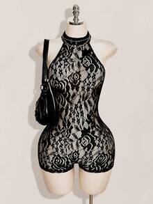 SHEIN ICON 女款花卉蕾絲性感透視掛脖貼身連身褲 - 黑色 - 查看 12
