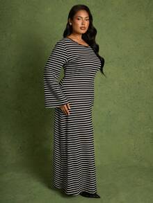 FASHION SZN Plus Size Striped Ribbed Stretch Jersey Maxi Dress Flared Sleeves Casual Sun Dress Summer Holiday Vacation Outfit Comfy Airport Travel Elegant Chic Long Dresses City Break Every Day Essentials Daily Wear - Black and White - View 5