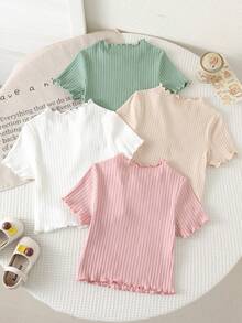 SHEIN 4 piezas/Set Top de manga corta con volantes en el bajo, color liso, lindo para niñas jóvenes en verano,Verano,Tops de verano,Top de tirantes - verde menta - Ver 2