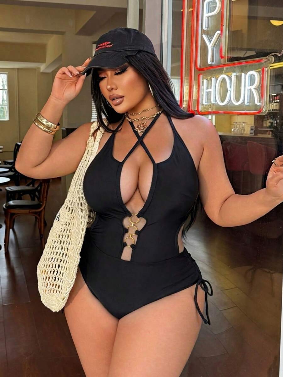 Swim SXY Baju Renang Seksi Terusan Wanita Ukuran Besar Warna Polos Berongga dengan Tali Leher dan Ikat Pinggang, Dekorasi Logam, Tali Serut Samping - Hitam - View 1