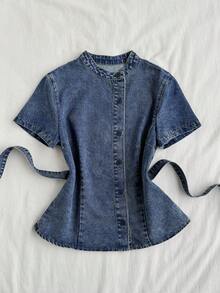 Attitoon Women's Summer Casual Short Sleeve Tie Waist Denim Top Fall Clothes Back To School Going Out Top Elegant Blouse Women Casual Blouses For Women - Medium Wash - View 4