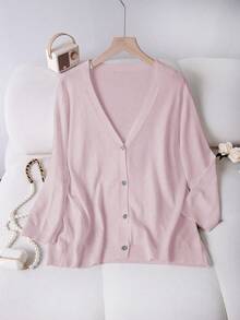 SHEIN LUNE Cardigan de punto de manga larga con botones, estilo dulce y de moda, talla grande - Rosa vieja - Ver 1