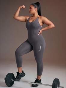 Powerista Plus Size Women's Letter Print Contrast Color Crisscross Backless Shaping Sports Jumpsuit - Dark Grey - View 7
