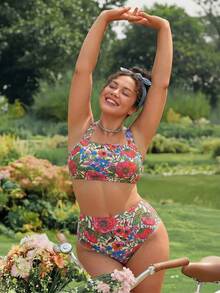 Swim Mod 2026 New Spring/Summer Plus Size 2-Piece Bikini Set Set With Large Scoop Neck And Random Tropical Floral Print, Suitable For Beach And Vacation Wear - Multicolor - View 5