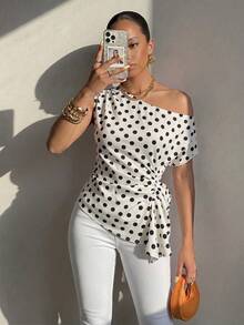 Structelle Women's White And Black Polka Dot Asymmetric Neckline Side Drawstring Ruched Fashion Top Brunch Date Summer French Elegant - Multicolor - View 5