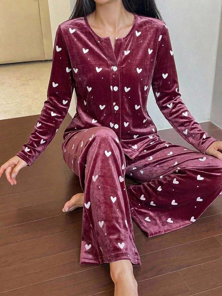 DAZY Autumn Winter Heart Pattern Print Velvet Long Sleeve Cardigan 2pcs Women's Pajama Set - Dusty Pink - View 1