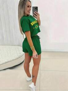 EMERY ROSE Setelan 2 Potong Kaos dan Celana Pendek Motif Brazil Kasual Musim Panas untuk Wanita - Hijau - View 2