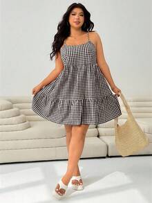 Solflare Gaun Camisole Wanita Ukuran Plus Motif Kotak-kotak Prancis Manis dengan Hem Berumbai - Coklat - View 4