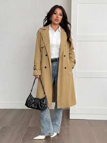 SHEIN PETITE Women's Casual Fleece Lined Trench Coat Jacket, Autumn/Winter - Camel - View 3