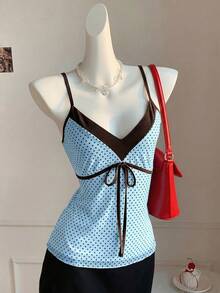 Comfortcana Spring Summer Light Blue Colorblock Patchwork Front Tie Bow Casual 1950s Vintage 1950s Vintage Plus Size Camisole Tank Top Date Night Vacation - Baby Blue - View 9