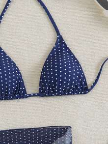 Swim Mod 女款夏季海灘波點掛脖綁帶性感比基尼三角褲兩件式泳衣套裝附迷你裙 - 藏蓝色 - 查看 4
