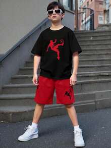 SHEIN 青少年男孩寬鬆街頭風短袖短褲套裝，適合生日派對、晚會 - 彩色 - 查看 7