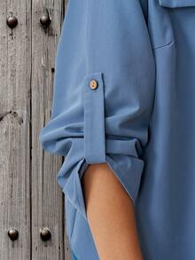 EMERY ROSE Plus Size Women's Solid Color Rolled Cuff Zipper Front Casual Jacket Fall - Blue - View 5