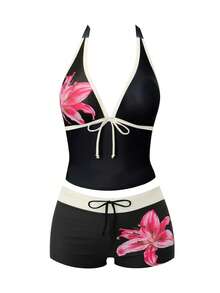 Swim Vcay 2026 Frühling/Sommer Neue Große Größen Einteiliger Schwarzer Tiefer V-Ausschnitt Schulterträger Digitaldruck Design Damen Bikini Badeanzug Oberteil, Lässig für Strand und Urlaubskleidung - Verschiedenfarbig - Übersicht 5