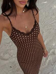 SHEIN Unity Fashion Women's Brown And White Polka Dot Print Contrast Lace Dress Beach Night Out Vacation Summer Sexy - Multicolor - View 3