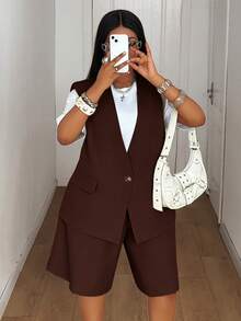 Maweii Plus Size Women's Solid Color Single Button Vest And Shorts Casual Commute Suit Set - Coffee Brown - View 4