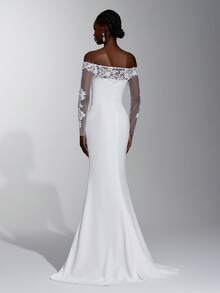 Elitara Classy White Lace Illusion Long Sleeve Cold Shoulder Satin Mermaid Fitted Floor-Length Sweep Train Bridal Church Dinner Evening Dress Fall - White - View 4