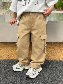 SHEIN Kids Young Boy Casual Straight Leg Cargo Jeans - Khaki - View 7