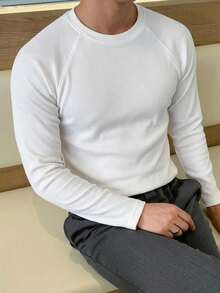 DAZY White Long Sleeve Ribbed Texture Soft Fabric Men's Spring Autumn Base Layer Solid Color T-Shirt - White - View 1
